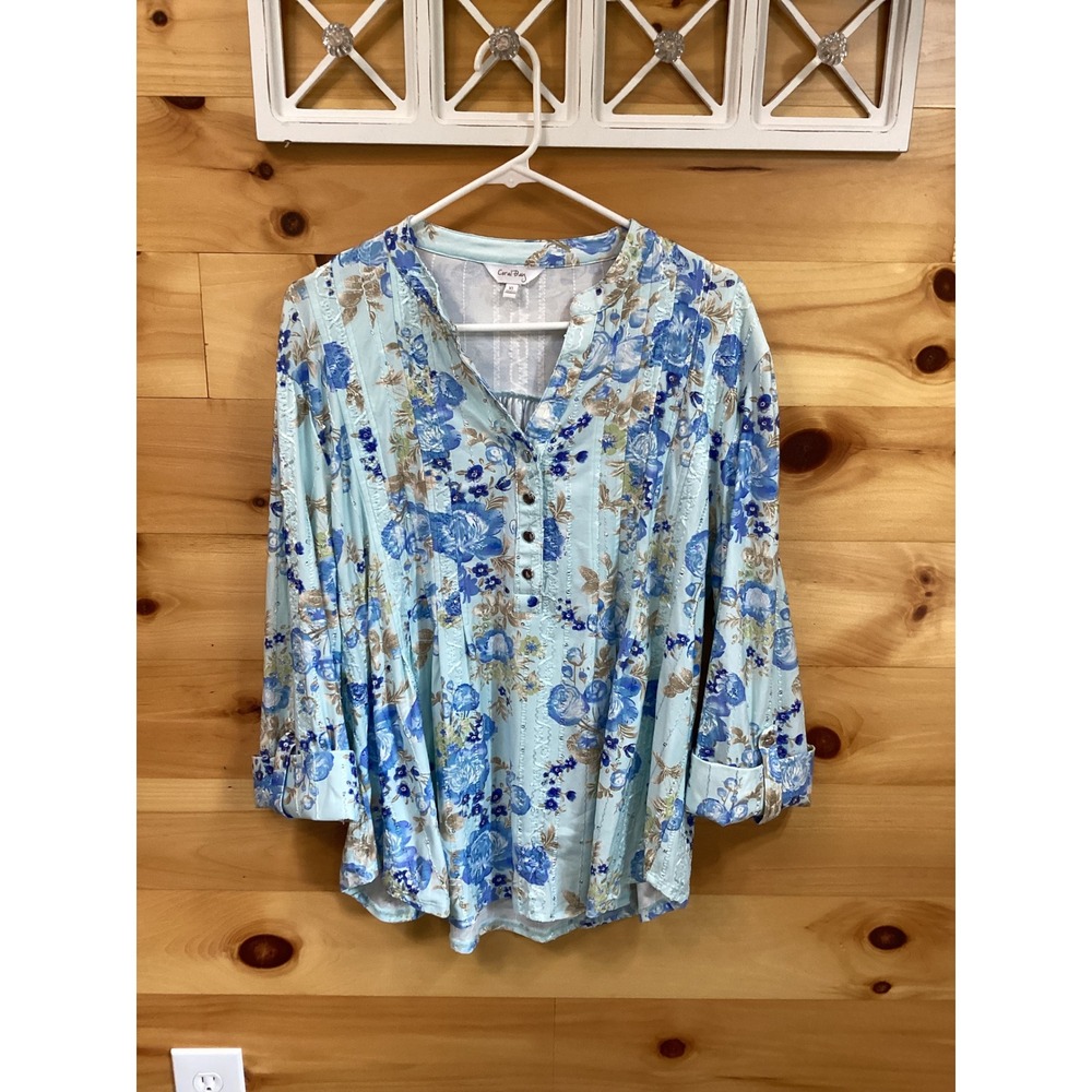 Coral Bay Women XL Blue Floral Roll Tab Sleeve Sequin Lace Trim Blouse